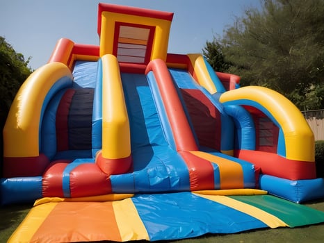 Inflatable colorful bounce house water slide in the backyard. photo