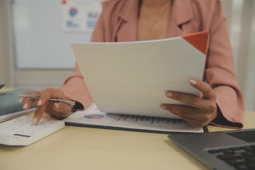 Business Documents, Auditor businesswoman checking searching document legal prepare paperwork or report for analysis TAX time,accountant Documents data contract partner deal in workplace office photo
