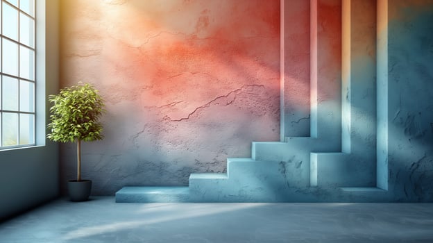 Minimalist Interior with Colorful Textured Wall and Potted Plant photo