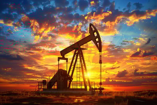 Oil pump jack silhouette against a vibrant orange sunset sky, symbolizing energy industry photo
