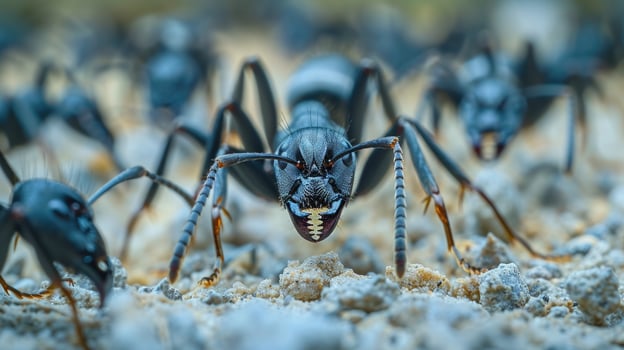 Detailed macro photography of a black ant's face focusing on its mandibles and antennae photo