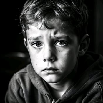 Black and white photo of lonely sad boy
