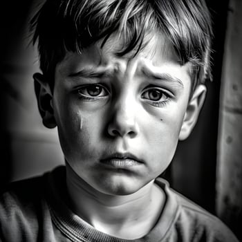 Black and white photo of lonely sad boy