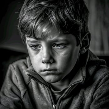 Black and white photo of lonely sad boy