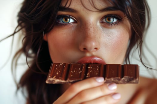 Close up portrait of a beautiful young brunette woman eating chocolate photo