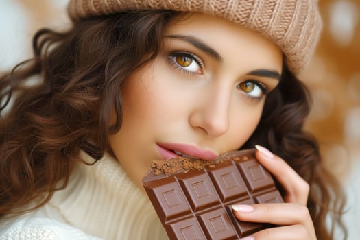 Close up portrait of beautiful woman in warm winter clothes eating chocolate bar photo