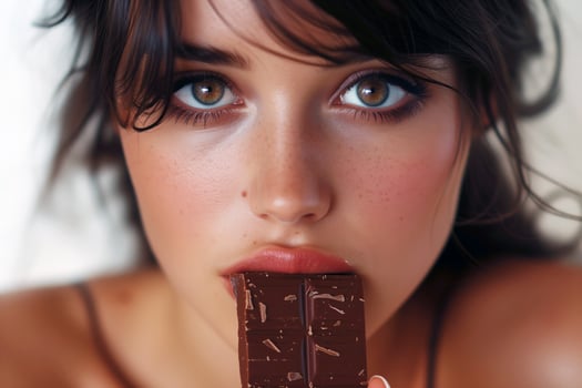 Close up portrait of a beautiful young woman eating a chocolate bar photo