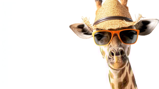 Giraffe in hat and sunglasses, white background, perfect for travel tour ads, copy space photo