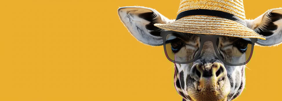 Giraffe in sunglasses and hat, orange background, promoting safari travel tours, banner with text space photo