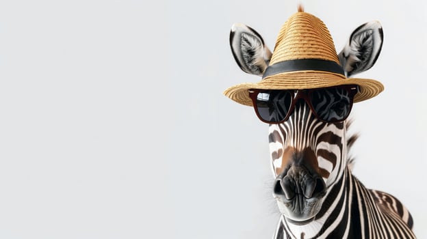 Zebra wearing hat and sunglasses, white background, for wildlife tour promotions, text space photo