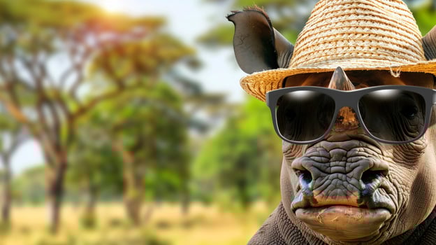 Safari hippopotamus in sunglasses and hat, epitome of ecotourism journey, text space photo