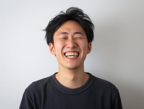 Young Asian Man with Closed Eyes and Wide Smile, Radiating Joy and Happiness in Casual Clothing photo