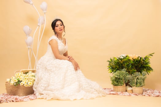 elegant woman pose sitting formal relaxed cheerful looking forward her stairs holding chest wearing beautiful dress indoor photo shot landscape. couple wedding national bride studio