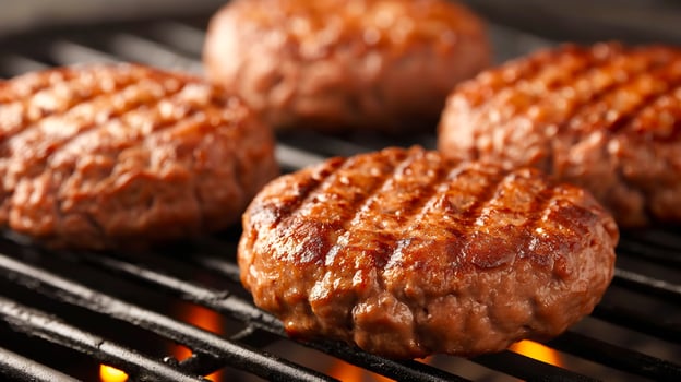 Juicy beef burgers grilling over open flames, perfect for summer barbecues, Fourth of July celebrations, and outdoor cooking enthusiasts photo