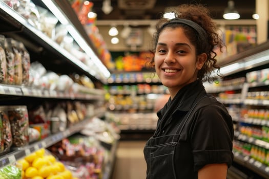 A friendly salesperson in a supermarket. AI generate photo