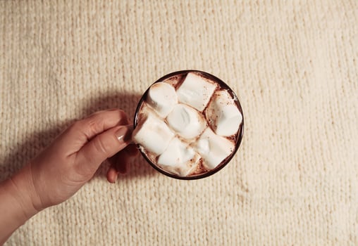 Woman's hand holding ceramic mug with hot fresh cocoa drink with marshmallows photo