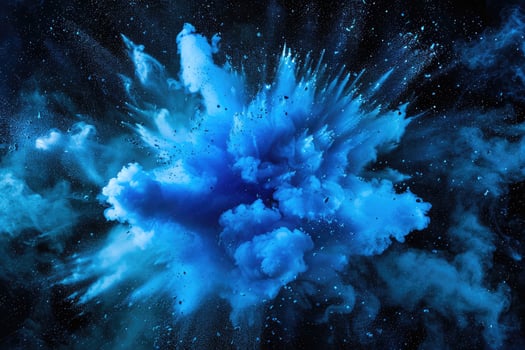 Blue paint explosion splash abstract background. Colorful cloud, dust explode on black photo