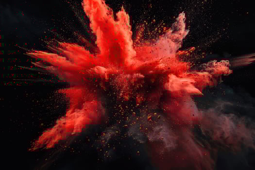 Red paint explosion splash abstract background. Blood cloud, dust explode on black photo