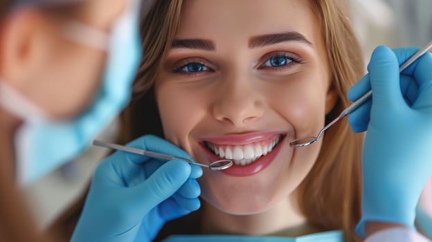 Closeup of young woman with open mouth having dental checkup at dentist office. photo