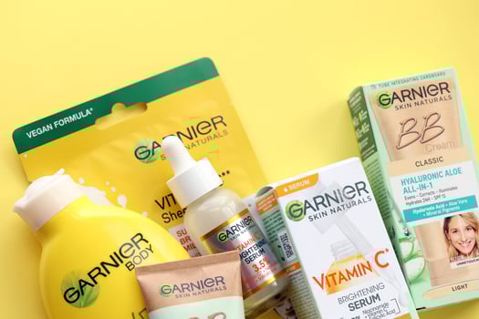 KYIV, UKRAINE - APRIL 20, 2024 Garnier production with company logo. Garnier is a mass market cosmetics brand of French cosmetics company L'Oreal photo