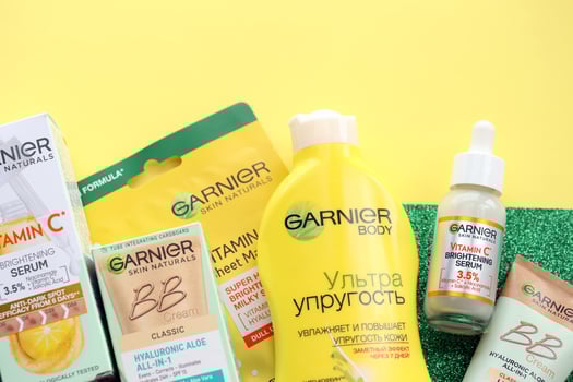 KYIV, UKRAINE - APRIL 20, 2024 Garnier production with company logo. Garnier is a mass market cosmetics brand of French cosmetics company L'Oreal photo