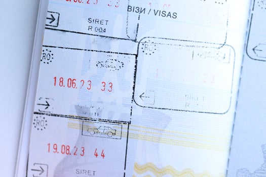 KYIV, UKRAINE - APRIL 20, 2024 Page of foreign passport with visas, Turkiye border stamps, permits to enter countries, concept of traveling around the world, travelers document photo
