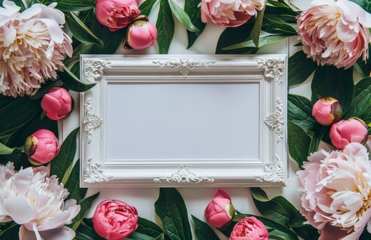White Frame Surrounded by Pink and White Peonies and Green Leaves on White Background photo