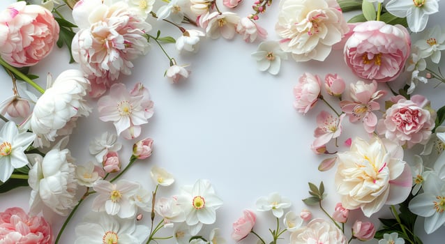 White and Pink Flowers and Green Leaves Bordering a White Background photo