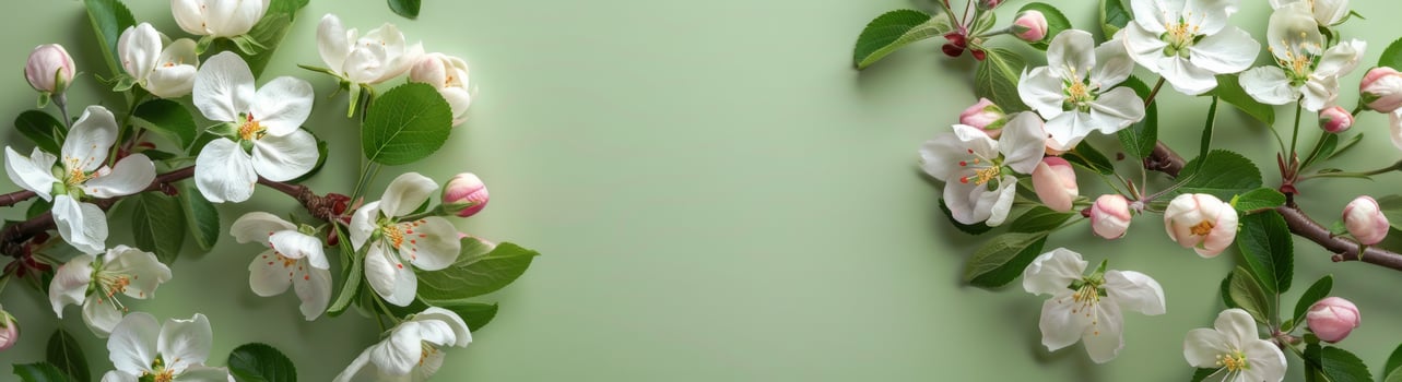 White Apple Blossoms and Pink Buds on a Green Background photo