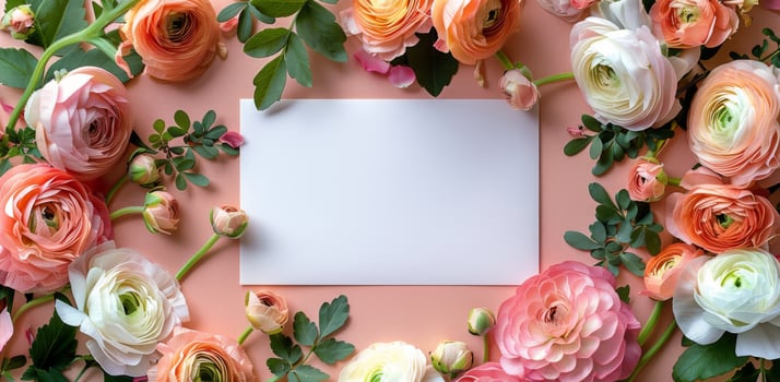 Pink Ranunculus Flowers Surrounding Blank Card on Light Pink Background photo