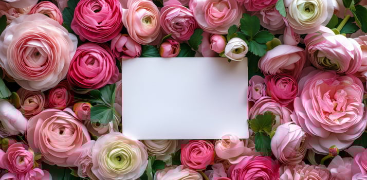Pink and White Ranunculus Flowers Surrounding a Blank White Card on a Dark Background photo