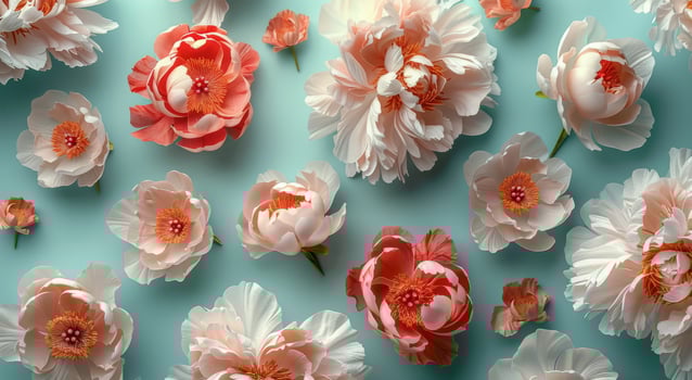 Peach Peonies With Green Leaves on a Mint Green Background photo