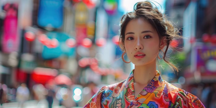 asian woman wearing bright patterned dress walking in the street. photo