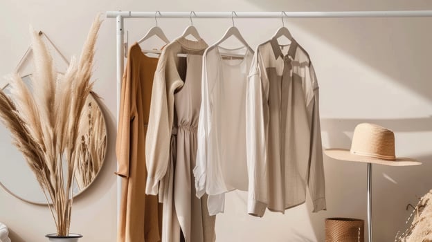 A white room with a white bed, white clothes hanging on a rack, and a hat photo