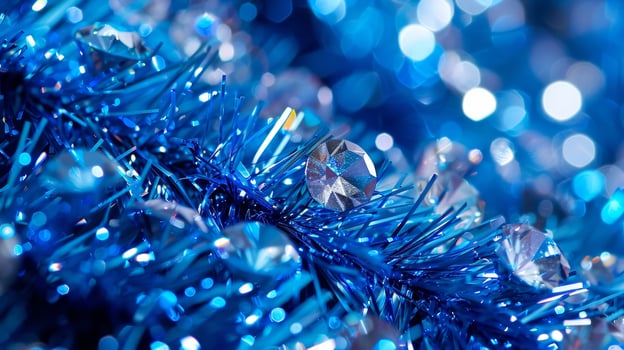 Sparkling blue tinsel adorned with large faceted gems that add a touch of elegance to its playful nature photo