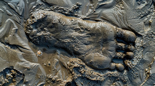 The impression of a muddy foot on a sandy beach with the grains of sand mixing with the mud to create a unique textured print photo