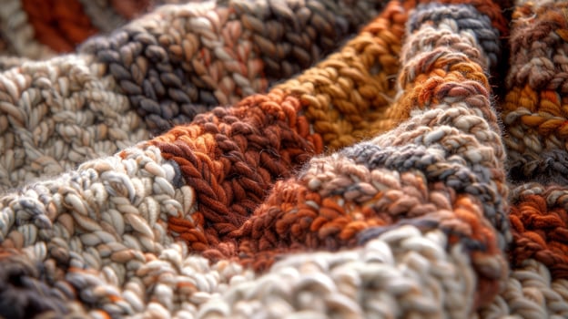This rustic knit blanket showcases a mix of earthy tones and thick unrefined stitches giving it a warm and handmade feel photo