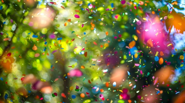Blurry shapes of vibrant confetti dancing in the air at a garden even photo