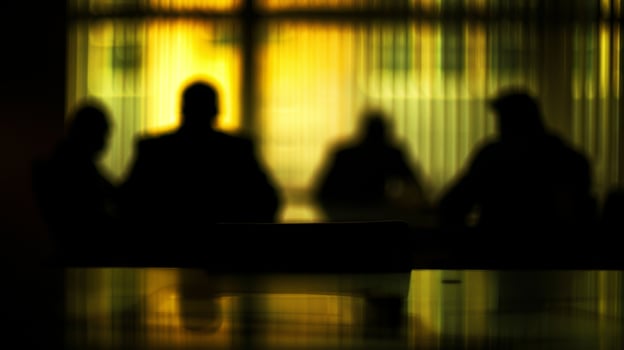 Soft edges of silhouettes in a dimly lit boardroom as they discuss strategy photo