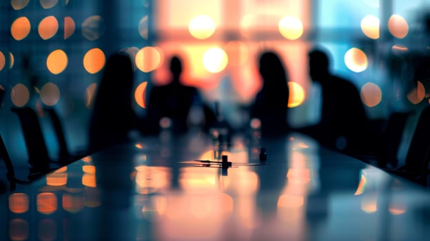 Fuzzy outlines of professionals sitting at a long table exchanging ideas in a board meeting photo