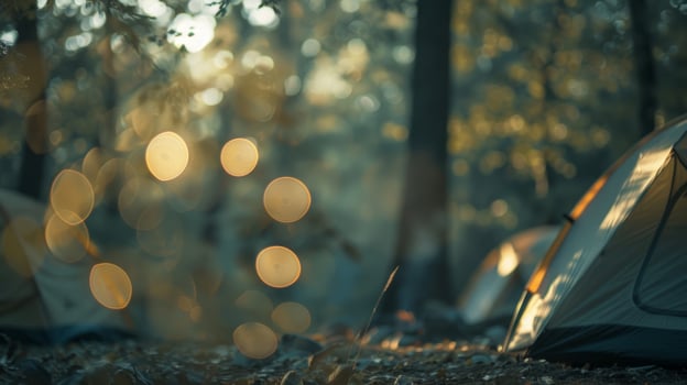The muted tones of a campsite with fuzzy tents and a faint flicker of light from the campfire photo