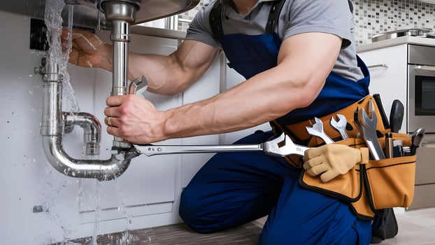 A male plumber's hand repairing a leaking sink pipe with an adjustable wrench. photo