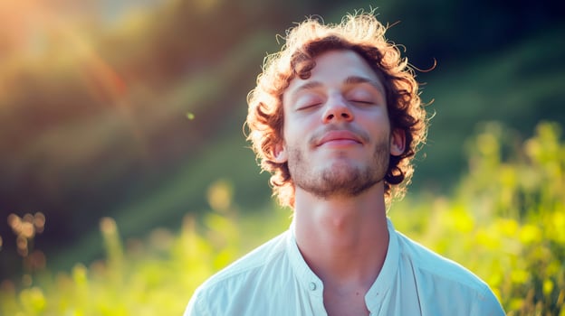 Portrait of young man relaxing and breathing fresh air in a green environment. photo