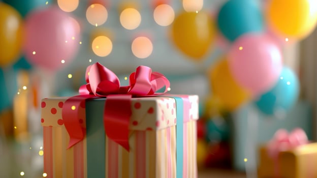Festive Celebration with Colorful Balloons and Wrapped Presents, Warm Bokeh photo