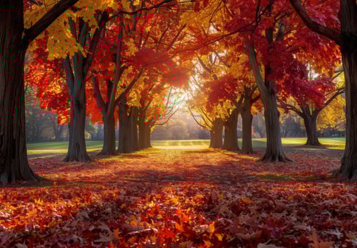 Sunlit Autumn Forest Path With Red and Yellow Leaves photo
