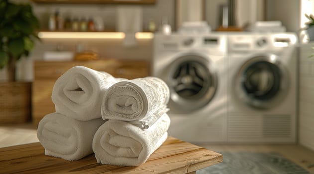 Clean White Towels on Wooden Counter in Laundry Room photo