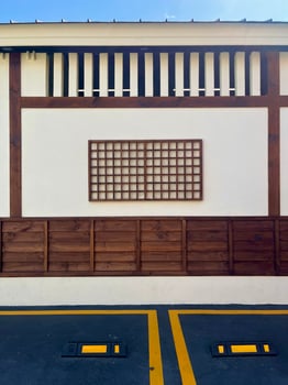 Old Japanese urban building style facade in the city, Chonburi, Thailand. photo