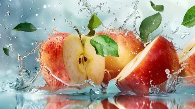 Apples with leaves and splashes of water on a monochrome background photo
