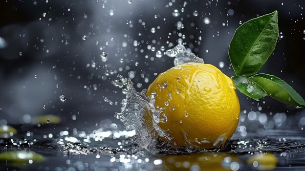 Lemon with leaves and splashes of water on a monochrome background photo