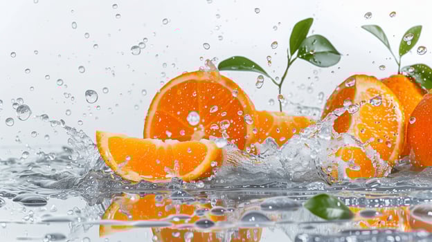 Orange with leaves and splashes of water on a monochrome background photo